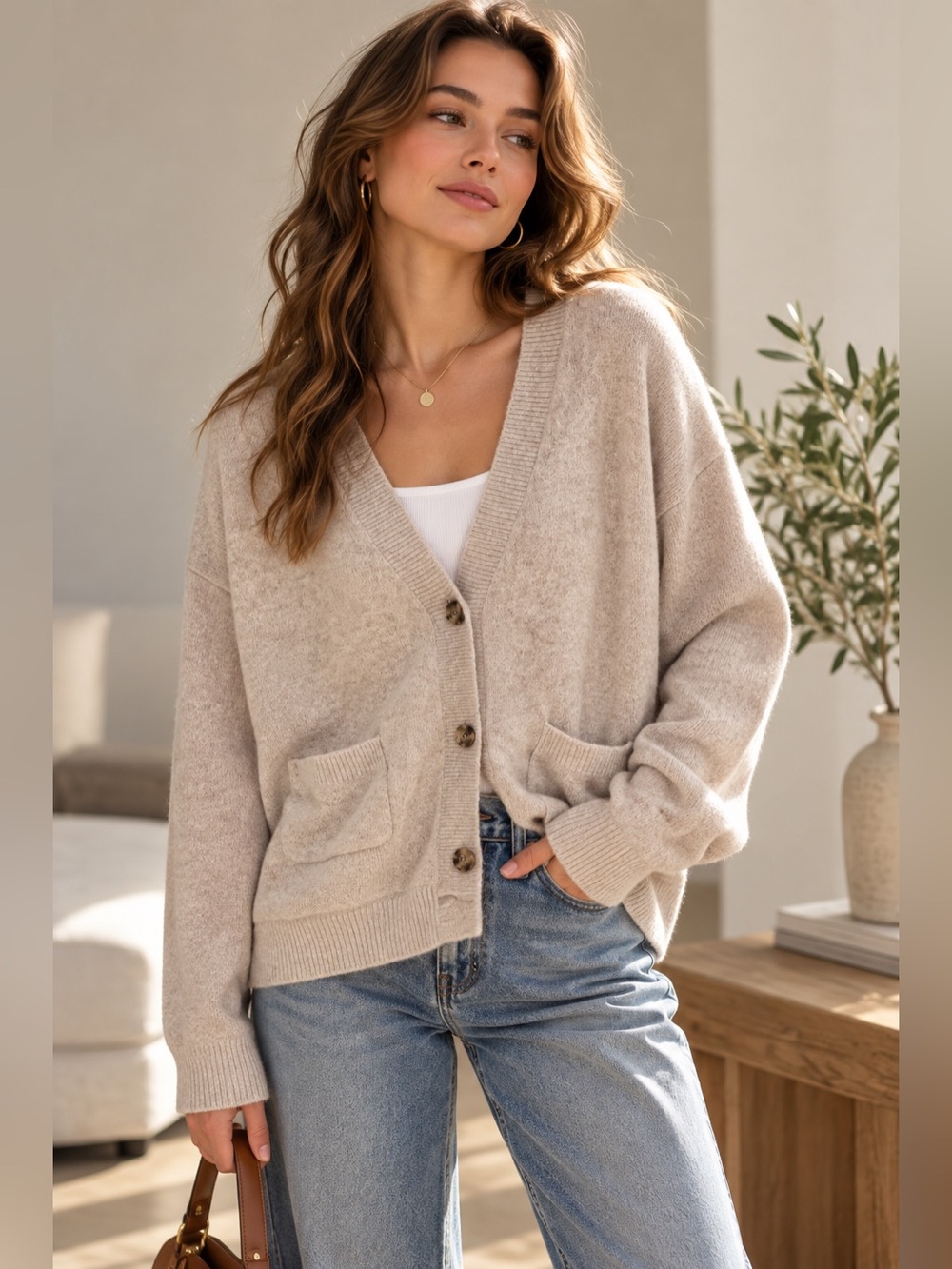 UNIQLO Light Cream V-Neck Button Cardigan with Patch Pockets